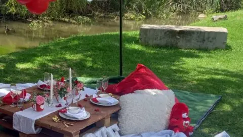 Styled outdoor party table with floral centrepieces
